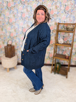 Brooke Textured Sweater Cardigan w/Oversized Buttons in Navy