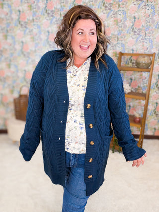 Brooke Textured Sweater Cardigan w/Oversized Buttons in Navy