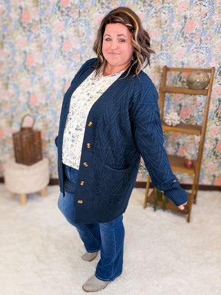 Brooke Textured Sweater Cardigan w/Oversized Buttons in Navy