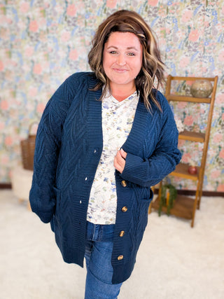 Brooke Textured Sweater Cardigan w/Oversized Buttons in Navy