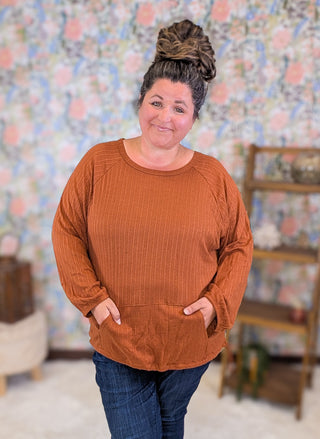 Hailey Ribbed Long Sleeve Top w/Kangaroo Pocket in Copper