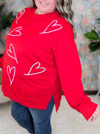 Amore Red Pullover w/Puff Hearts-2- Long Sleeve Tops-WHITE BIRCH-Styled by Stacked - A Plus Size Women's Boutique in Lakeville, MN
