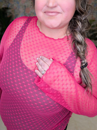 Pinky Sheer Long Sleeve Top w/Heart Print-2- Long Sleeve Tops-WHITE BIRCH-Styled by Stacked - A Plus Size Women's Boutique in Lakeville, MN
