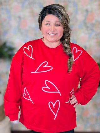 Amore Red Pullover w/Puff Hearts-2- Long Sleeve Tops-WHITE BIRCH-Styled by Stacked - A Plus Size Women's Boutique in Lakeville, MN