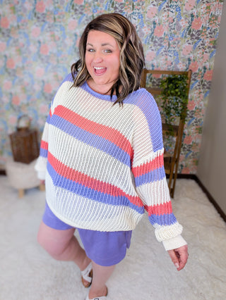 Rayna Summer Knit Sweater in Purple + Coral Stripes