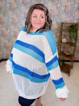 Rayna Summer Knit Sweater in Turquoise + Blue Stripes