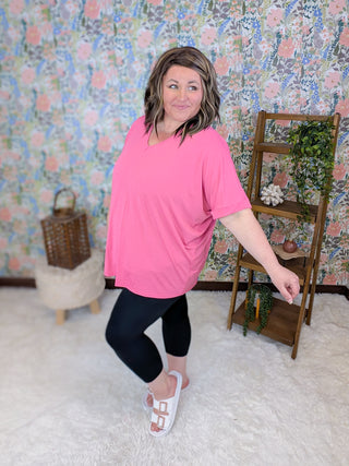 Eliza Short Sleeve Dolman Vneck Top in Pink