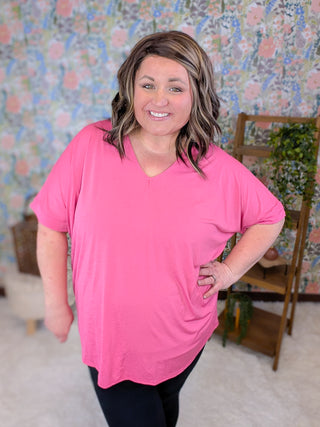 Eliza Short Sleeve Dolman Vneck Top in Pink