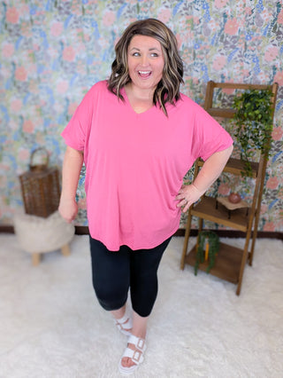 Eliza Short Sleeve Dolman Vneck Top in Pink