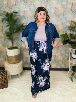 Katea Floral Maxi w/Stripe Top in Lavender & Navy-11- Dress/Romp/Jump-WHITE BIRCH-Styled by Stacked - A Plus Size Women's Boutique in Lakeville, MN