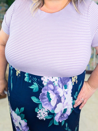 Katea Floral Maxi w/Stripe Top in Lavender & Navy-11- Dress/Romp/Jump-WHITE BIRCH-Styled by Stacked - A Plus Size Women's Boutique in Lakeville, MN
