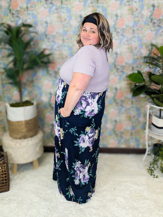 Katea Floral Maxi w/Stripe Top in Lavender & Navy-11- Dress/Romp/Jump-WHITE BIRCH-Styled by Stacked - A Plus Size Women's Boutique in Lakeville, MN