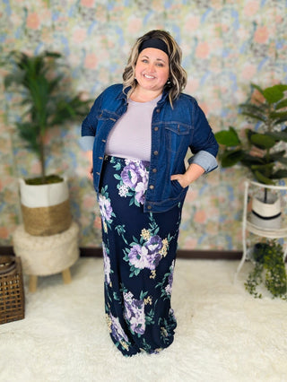 Katea Floral Maxi w/Stripe Top in Lavender & Navy-11- Dress/Romp/Jump-WHITE BIRCH-Styled by Stacked - A Plus Size Women's Boutique in Lakeville, MN