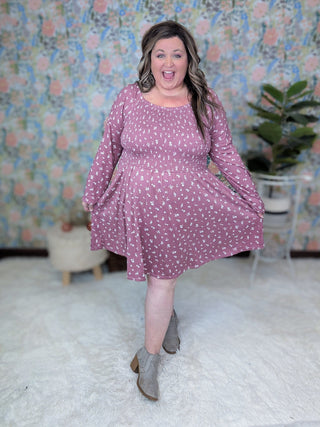 Genevieve Long Sleeve Smocked Babydoll Dress in Florals-11- Dress/Romp/Jump-WHITE BIRCH-Styled by Stacked - A Plus Size Women's Boutique in Lakeville, MN