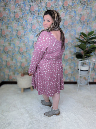 Genevieve Long Sleeve Smocked Babydoll Dress in Florals-11- Dress/Romp/Jump-WHITE BIRCH-Styled by Stacked - A Plus Size Women's Boutique in Lakeville, MN