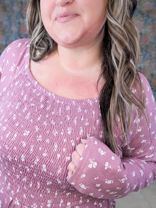 Genevieve Long Sleeve Smocked Babydoll Dress in Florals-11- Dress/Romp/Jump-WHITE BIRCH-Styled by Stacked - A Plus Size Women's Boutique in Lakeville, MN