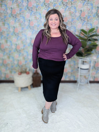 Bethany Sweater Knit Midi Skirt in Black-11- Dress/Romp/Jump-WHITE BIRCH-Styled by Stacked - A Plus Size Women's Boutique in Lakeville, MN