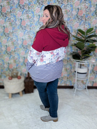 PHC Colorblock Fullzip in Burgundy Bloom & Plum Stripes-3- Hooded Tops-MICHELLE MAE-Styled by Stacked - A Plus Size Women's Boutique in Lakeville, MN