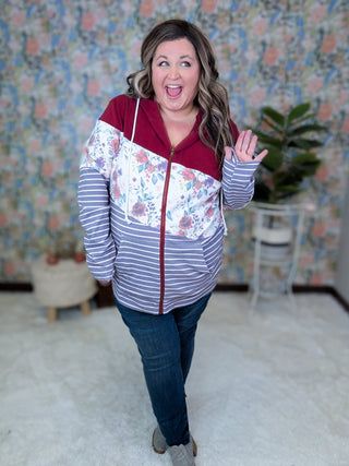 PHC Colorblock Fullzip in Burgundy Bloom & Plum Stripes-3- Hooded Tops-MICHELLE MAE-Styled by Stacked - A Plus Size Women's Boutique in Lakeville, MN