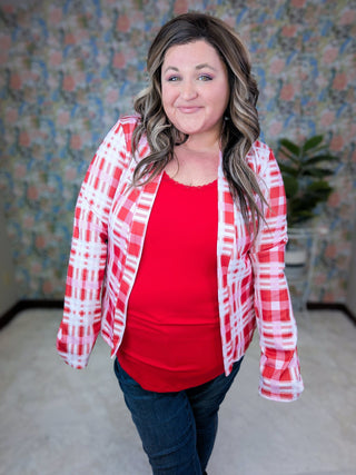 Alice Red and Pink Plaid Blazer-4- Overlayer Tops-HEIMISH-Styled by Stacked - A Plus Size Women's Boutique in Lakeville, MN