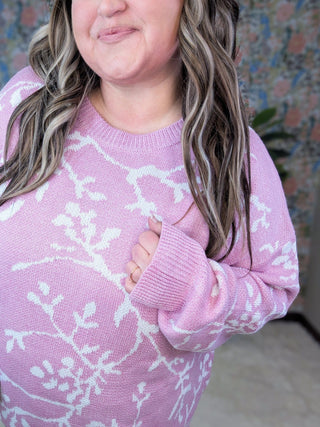 Aspen Luxe Knit Sweater in Orchid + Ivory Floral-2- Long Sleeve Tops-WHITE BIRCH-Styled by Stacked - A Plus Size Women's Boutique in Lakeville, MN