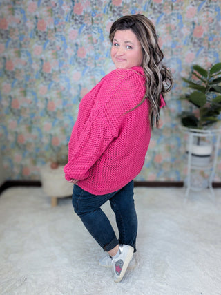 Caitlin Hooded Open Knit Sweater in Magenta-2- Long Sleeve Tops-WHITE BIRCH-Styled by Stacked - A Plus Size Women's Boutique in Lakeville, MN