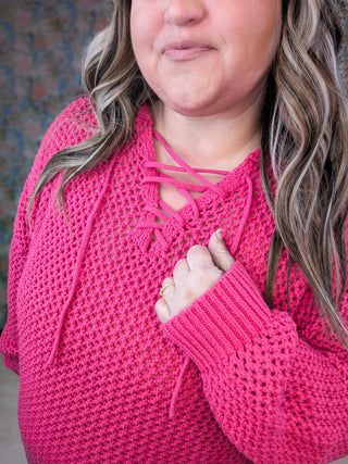 Caitlin Hooded Open Knit Sweater in Magenta-2- Long Sleeve Tops-WHITE BIRCH-Styled by Stacked - A Plus Size Women's Boutique in Lakeville, MN