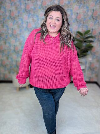 Caitlin Hooded Open Knit Sweater in Magenta-2- Long Sleeve Tops-WHITE BIRCH-Styled by Stacked - A Plus Size Women's Boutique in Lakeville, MN