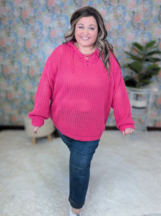Caitlin Hooded Open Knit Sweater in Magenta-2- Long Sleeve Tops-WHITE BIRCH-Styled by Stacked - A Plus Size Women's Boutique in Lakeville, MN
