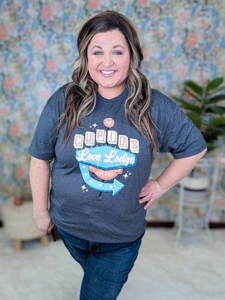 Cupid's Love Lodge Graphic Tee on Gray-6- Graphic Tops-inked up apparel-Styled by Stacked - A Plus Size Women's Boutique in Lakeville, MN