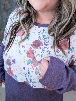 Amy Triple Stretch Pullover in Burgundy Bloom and Plum-2- Long Sleeve Tops-Michelle Mae-Styled by Stacked - A Plus Size Women's Boutique in Lakeville, MN
