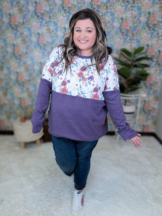 Amy Triple Stretch Pullover in Burgundy Bloom and Plum-2- Long Sleeve Tops-Michelle Mae-Styled by Stacked - A Plus Size Women's Boutique in Lakeville, MN