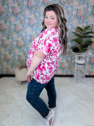 Carla V-neck Short Sleeve Dolman Top in Pink Mod Floral-1- ShortSlv/Slvless Tops-HAPTICS-Styled by Stacked - A Plus Size Women's Boutique in Lakeville, MN