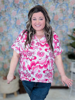 Carla V-neck Short Sleeve Dolman Top in Pink Mod Floral-1- ShortSlv/Slvless Tops-HAPTICS-Styled by Stacked - A Plus Size Women's Boutique in Lakeville, MN