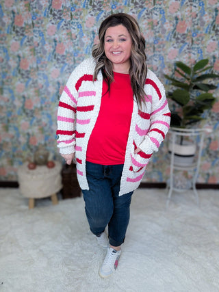 Valeria Popcorn Open Cardigan in Valentines Stripe-4- Overlayer Tops-MICHELLE MAE-Styled by Stacked - A Plus Size Women's Boutique in Lakeville, MN