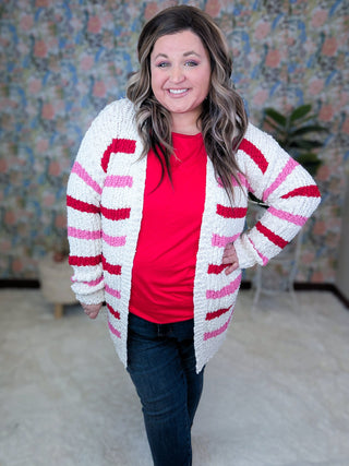Valeria Popcorn Open Cardigan in Valentines Stripe-4- Overlayer Tops-MICHELLE MAE-Styled by Stacked - A Plus Size Women's Boutique in Lakeville, MN