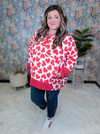 Sami Long Sleeve Hooded Top in Red + Ivory Hearts-2- Long Sleeve Tops-HEIMISH-Styled by Stacked - A Plus Size Women's Boutique in Lakeville, MN