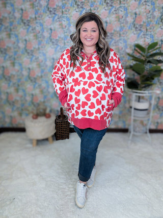 Sami Long Sleeve Hooded Top in Red + Ivory Hearts-2- Long Sleeve Tops-HEIMISH-Styled by Stacked - A Plus Size Women's Boutique in Lakeville, MN