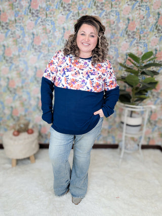 Triple Stretch Pullover in Navy + Painted Floral-2- Long Sleeve Tops-MICHELLE MAE-Styled by Stacked - A Plus Size Women's Boutique in Lakeville, MN