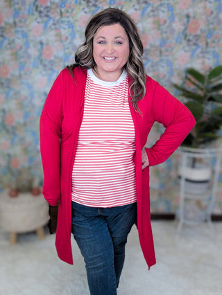 Rue Sleeveless Striped Tank w/Side Slits in Red-1- ShortSlv/Slvless Tops-WHITE BIRCH-Styled by Stacked - A Plus Size Women's Boutique in Lakeville, MN