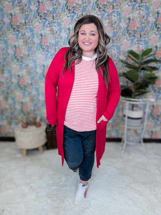 Rue Sleeveless Striped Tank w/Side Slits in Red-1- ShortSlv/Slvless Tops-WHITE BIRCH-Styled by Stacked - A Plus Size Women's Boutique in Lakeville, MN