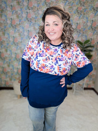 Triple Stretch Pullover in Navy + Painted Floral-2- Long Sleeve Tops-MICHELLE MAE-Styled by Stacked - A Plus Size Women's Boutique in Lakeville, MN