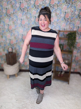 Miller Striped Midi Dress w/Keyhole Back-11- Dress/Romp/Jump-WHITE BIRCH-Styled by Stacked - A Plus Size Women's Boutique in Lakeville, MN