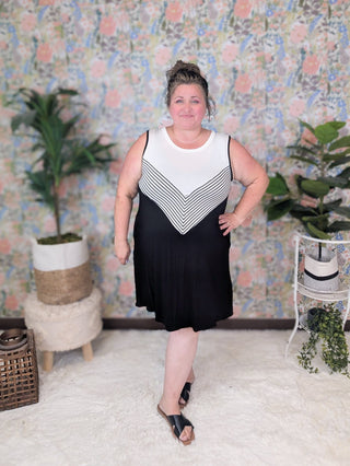 SALE- Eden Chevron Tank Dress in Black + White***-11- Dress/Romp/Jump-HEIMISH-Styled by Stacked - A Plus Size Women's Boutique in Lakeville, MN