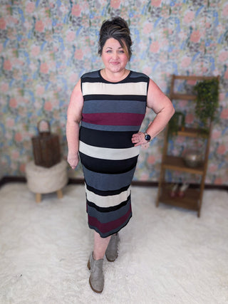 Miller Striped Midi Dress w/Keyhole Back-11- Dress/Romp/Jump-WHITE BIRCH-Styled by Stacked - A Plus Size Women's Boutique in Lakeville, MN