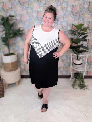 SALE- Eden Chevron Tank Dress in Black + White***-11- Dress/Romp/Jump-HEIMISH-Styled by Stacked - A Plus Size Women's Boutique in Lakeville, MN