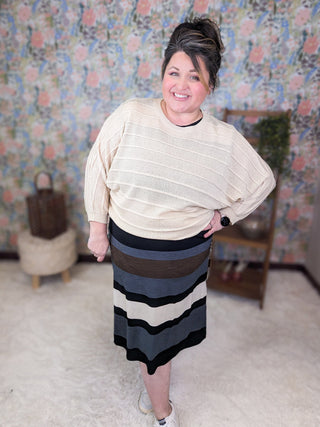Miller Striped Midi Dress w/Keyhole Back-11- Dress/Romp/Jump-WHITE BIRCH-Styled by Stacked - A Plus Size Women's Boutique in Lakeville, MN