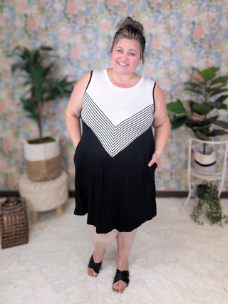 SALE- Eden Chevron Tank Dress in Black + White***-11- Dress/Romp/Jump-HEIMISH-Styled by Stacked - A Plus Size Women's Boutique in Lakeville, MN
