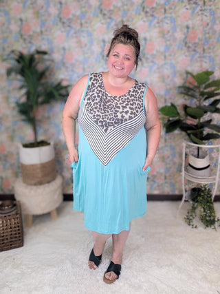 SALE- Eden Animal + Stripe Chevron Tank Dress in Bright Aqua***-1- ShortSlv/Slvless Tops-HEIMISH-Styled by Stacked - A Plus Size Women's Boutique in Lakeville, MN