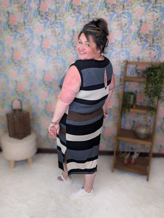 Miller Striped Midi Dress w/Keyhole Back-11- Dress/Romp/Jump-WHITE BIRCH-Styled by Stacked - A Plus Size Women's Boutique in Lakeville, MN